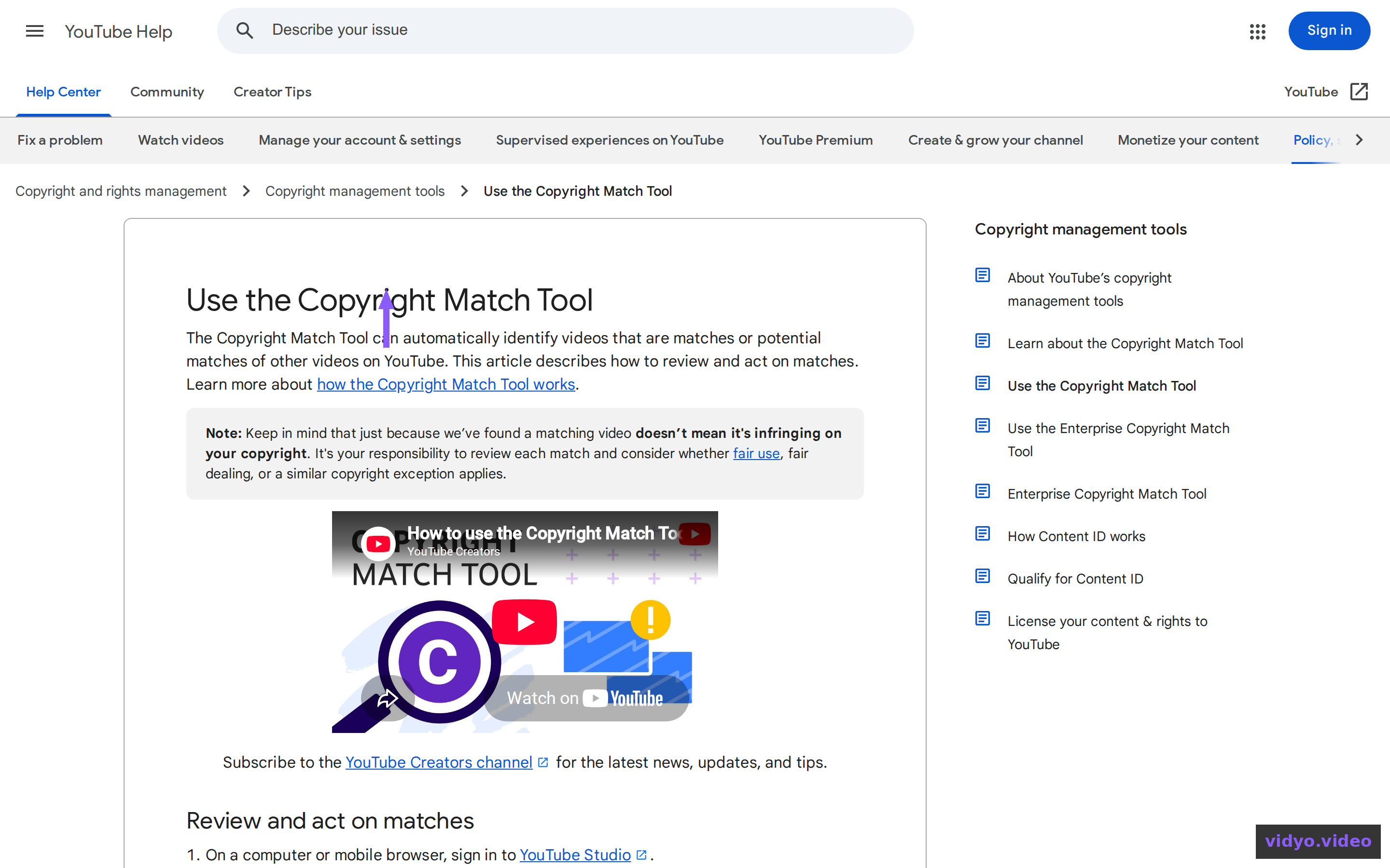 YouTube Help: Use the Copyright Match Tool — reviewing and acting on matches