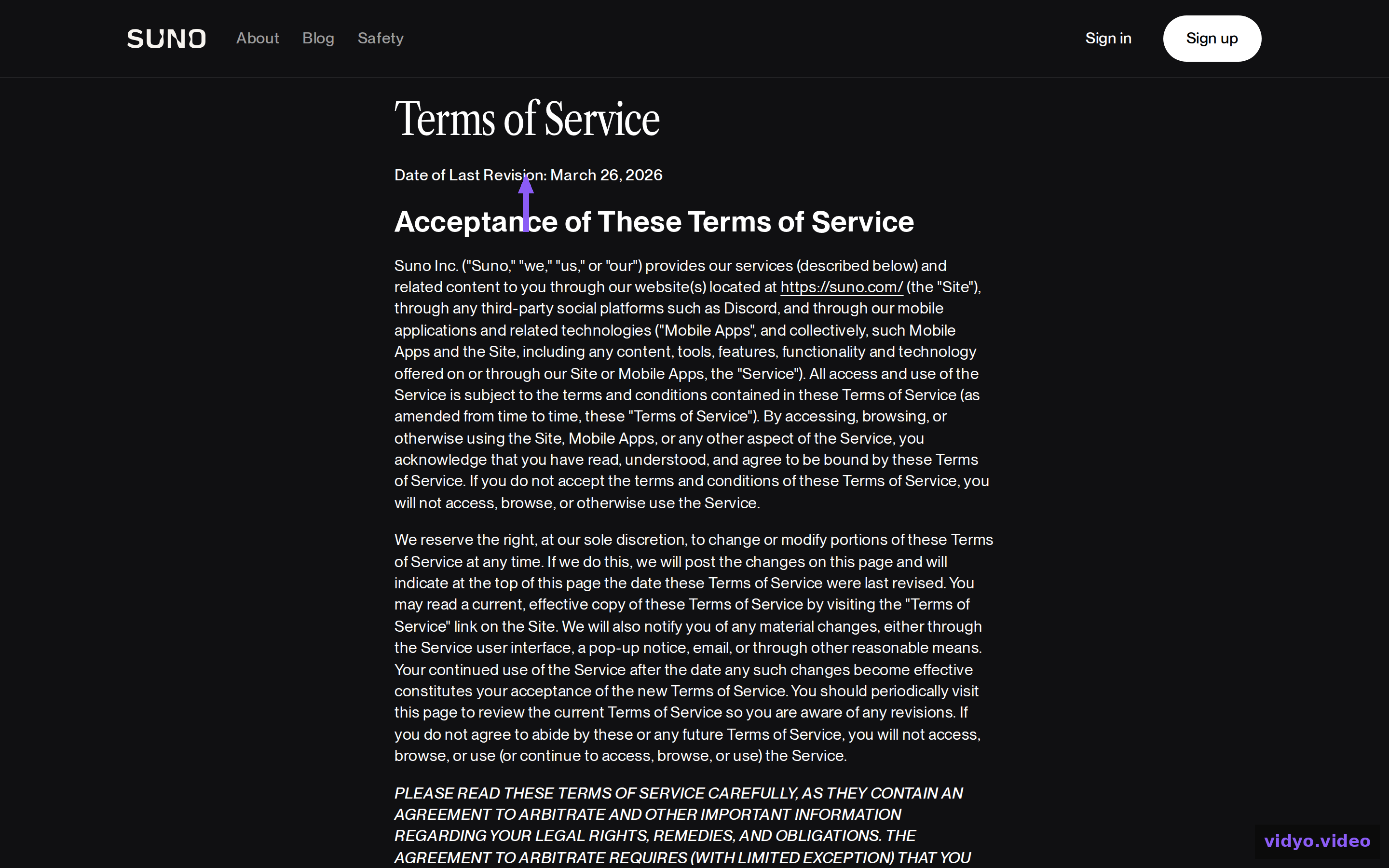 Suno Terms of Service page showing the March 26, 2026 revision date