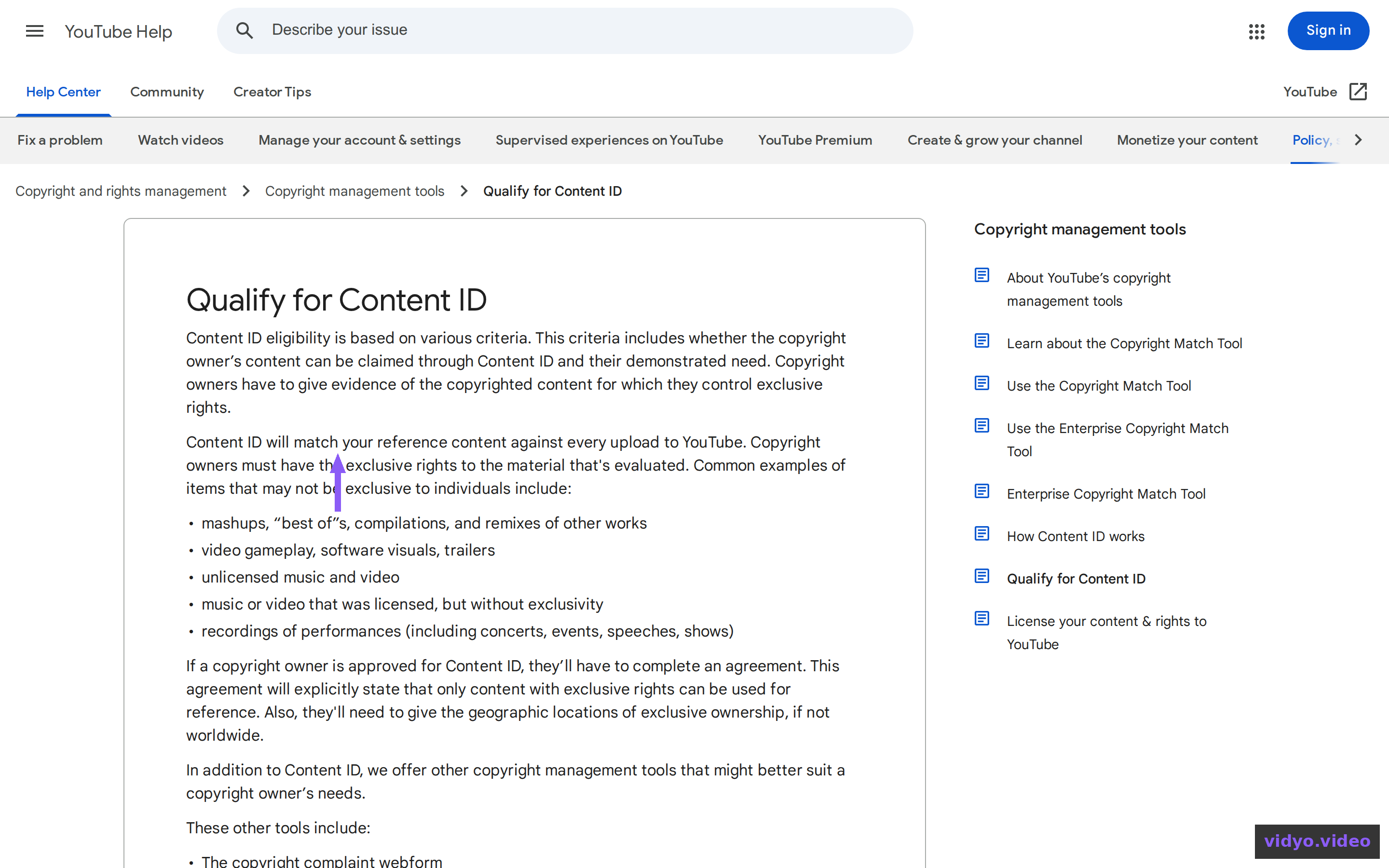 YouTube's Qualify for Content ID page stating copyright owners must have exclusive rights to the evaluated material