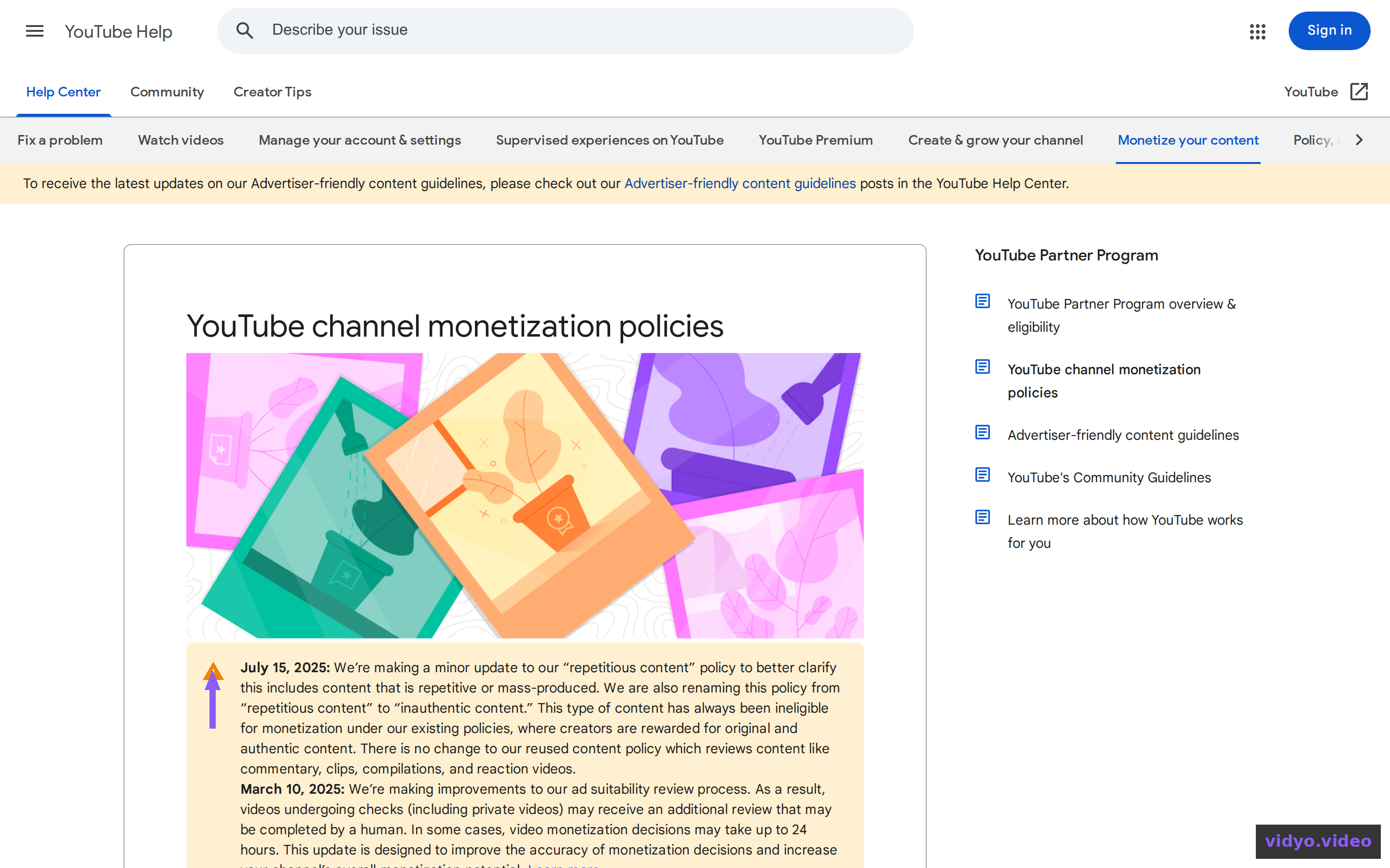 YouTube channel monetization policies page showing the July 15, 2025 inauthentic content update