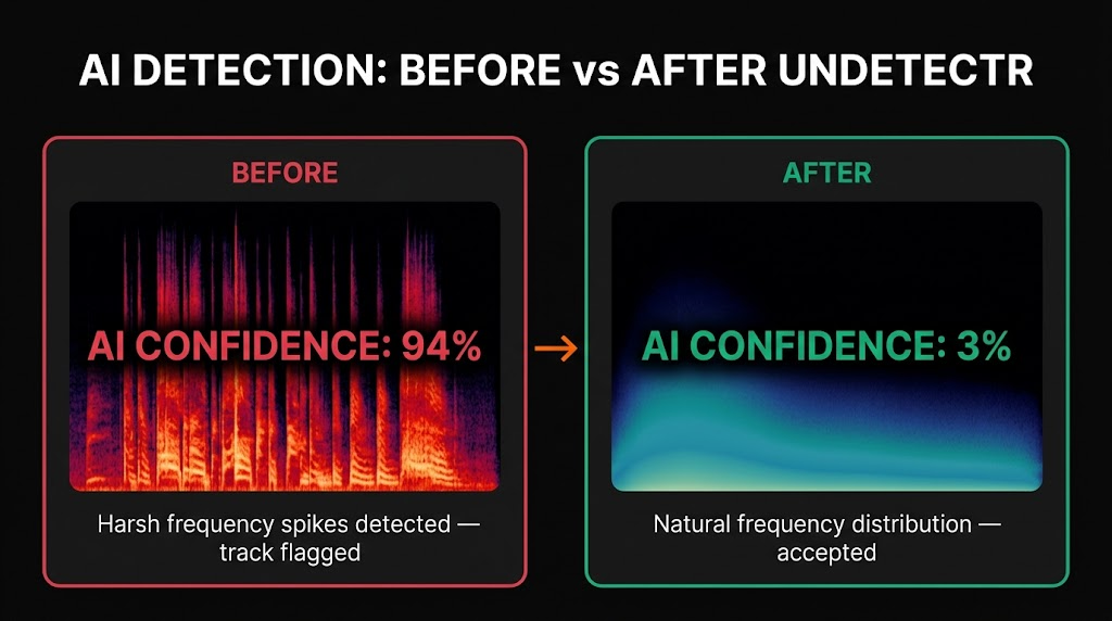AI detection drops from 94% to 3% after Undetectr processing — spectral analysis before and after