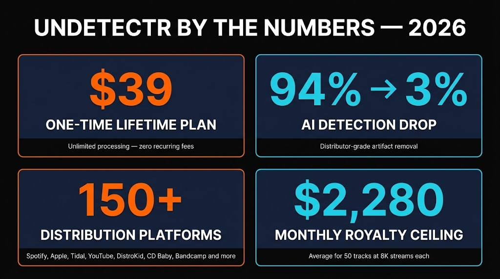 Undetectr by the numbers — $39 lifetime, 94% to 3% AI detection drop, 150+ distribution platforms, $2,280 monthly royalty ceiling