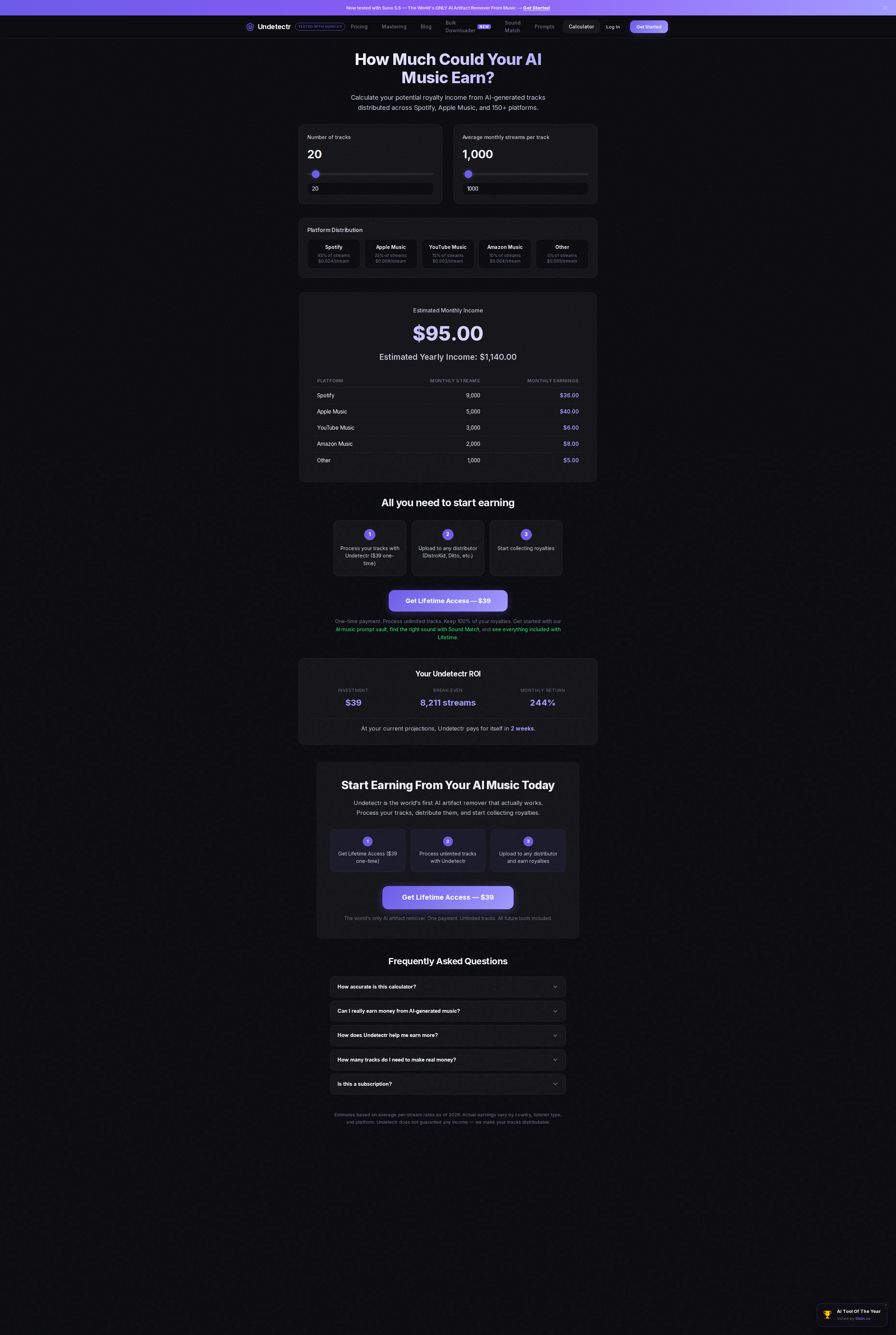 Undetectr earnings calculator — model monthly and annual royalty income across Spotify, Apple Music, YouTube, 150+ platforms