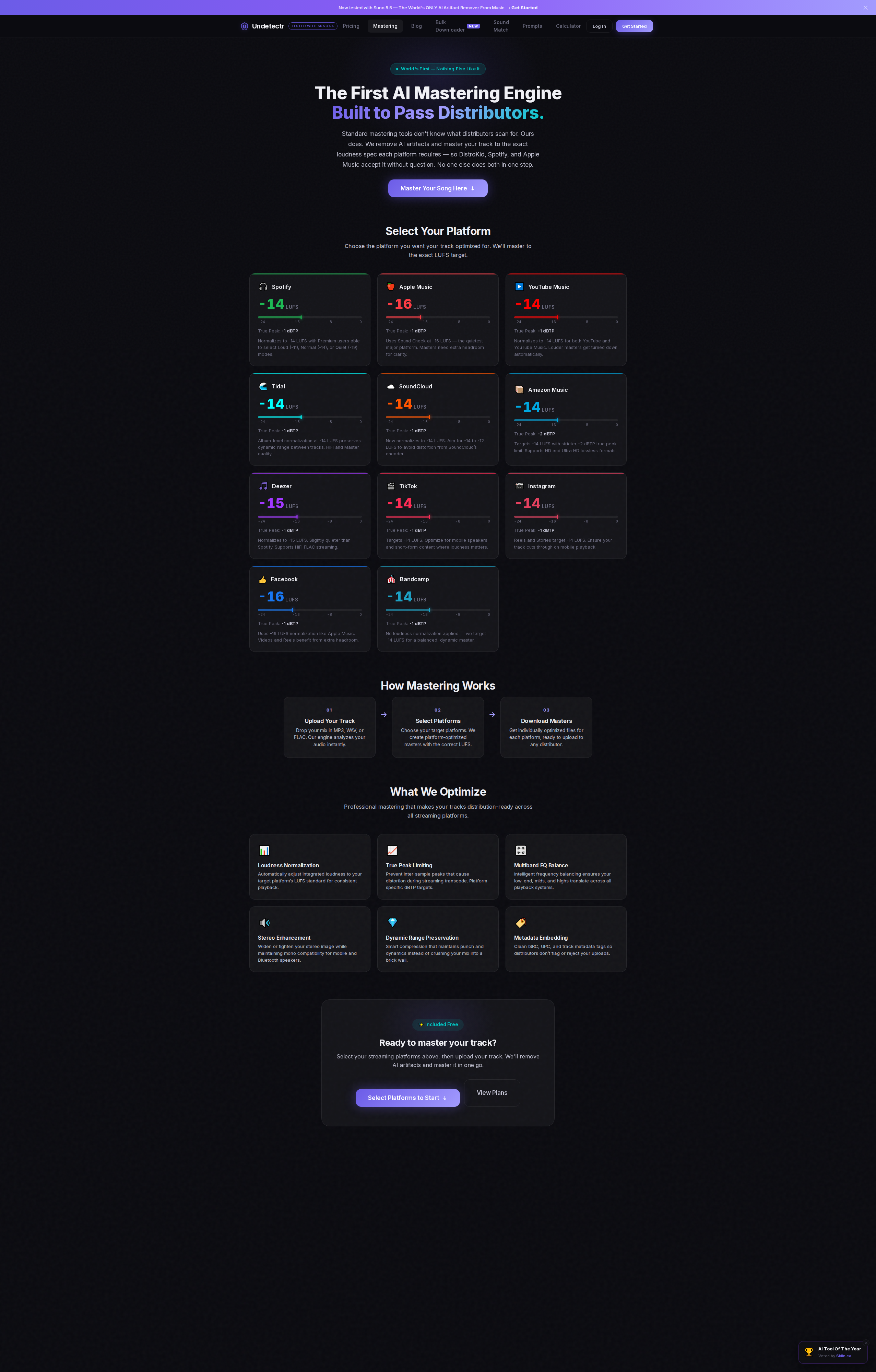 Undetectr mastering engine — select your platform and it targets the exact LUFS for Spotify, Apple Music, YouTube