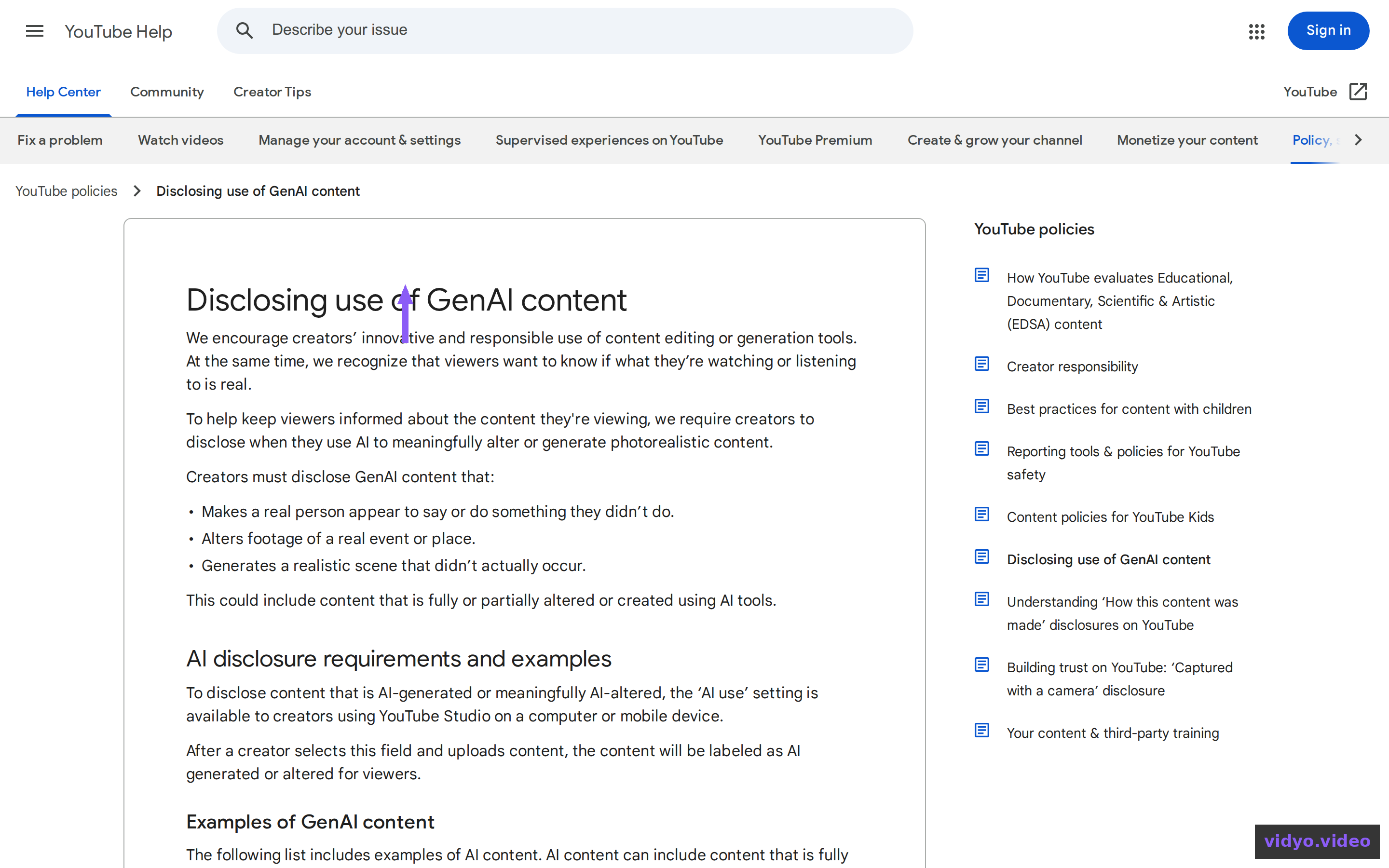YouTube Help page: Disclosing use of GenAI content